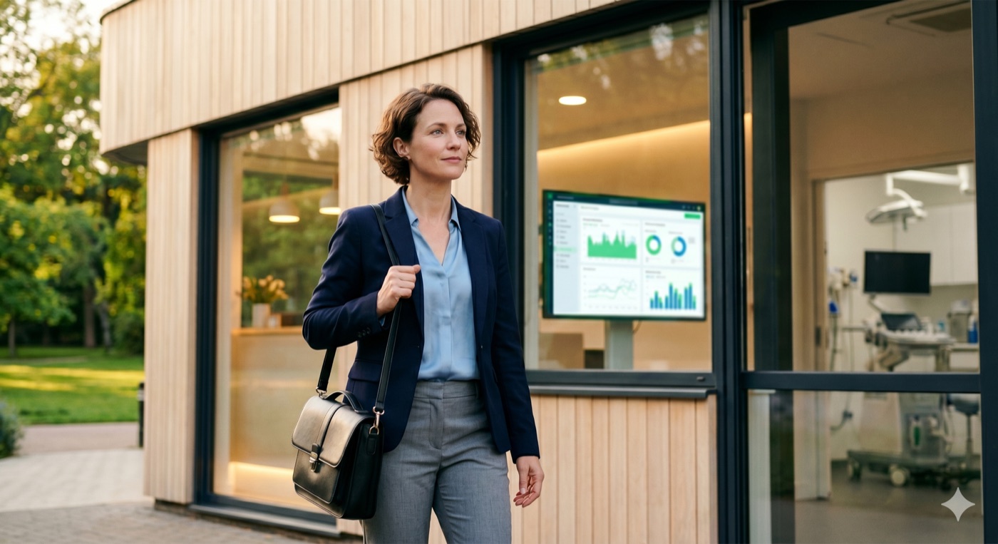 A dental practice owner steps out of her efficient, modern clinic — Vemi running her practice on the dashboard behind her.