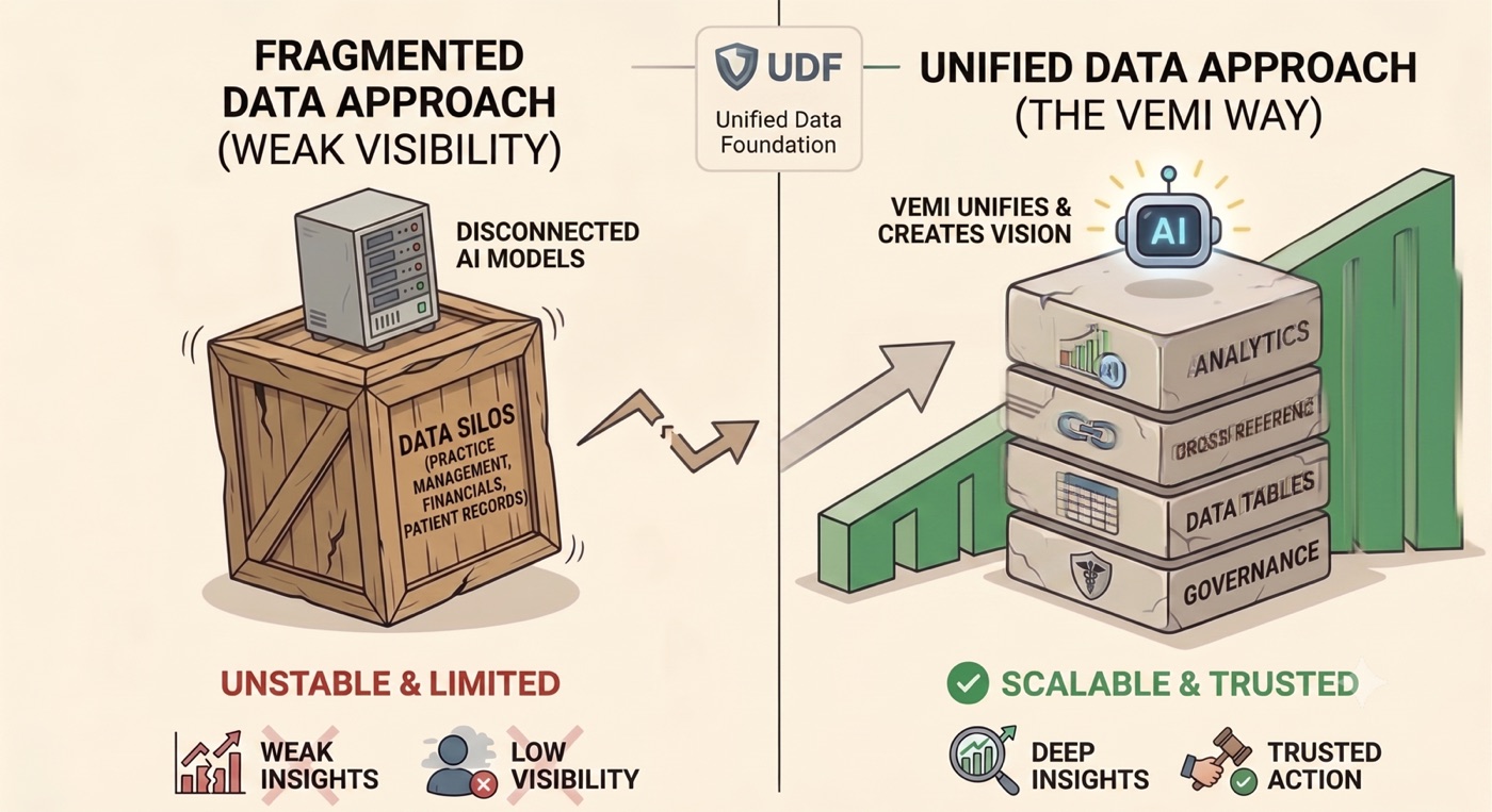 Fragmented data approach: disconnected AI models on unstable data silos give weak insights and low visibility. The Vemi way: a unified data foundation — governance, data tables, cross-reference, analytics — that is scalable and trusted, delivering deep insights and trusted action.