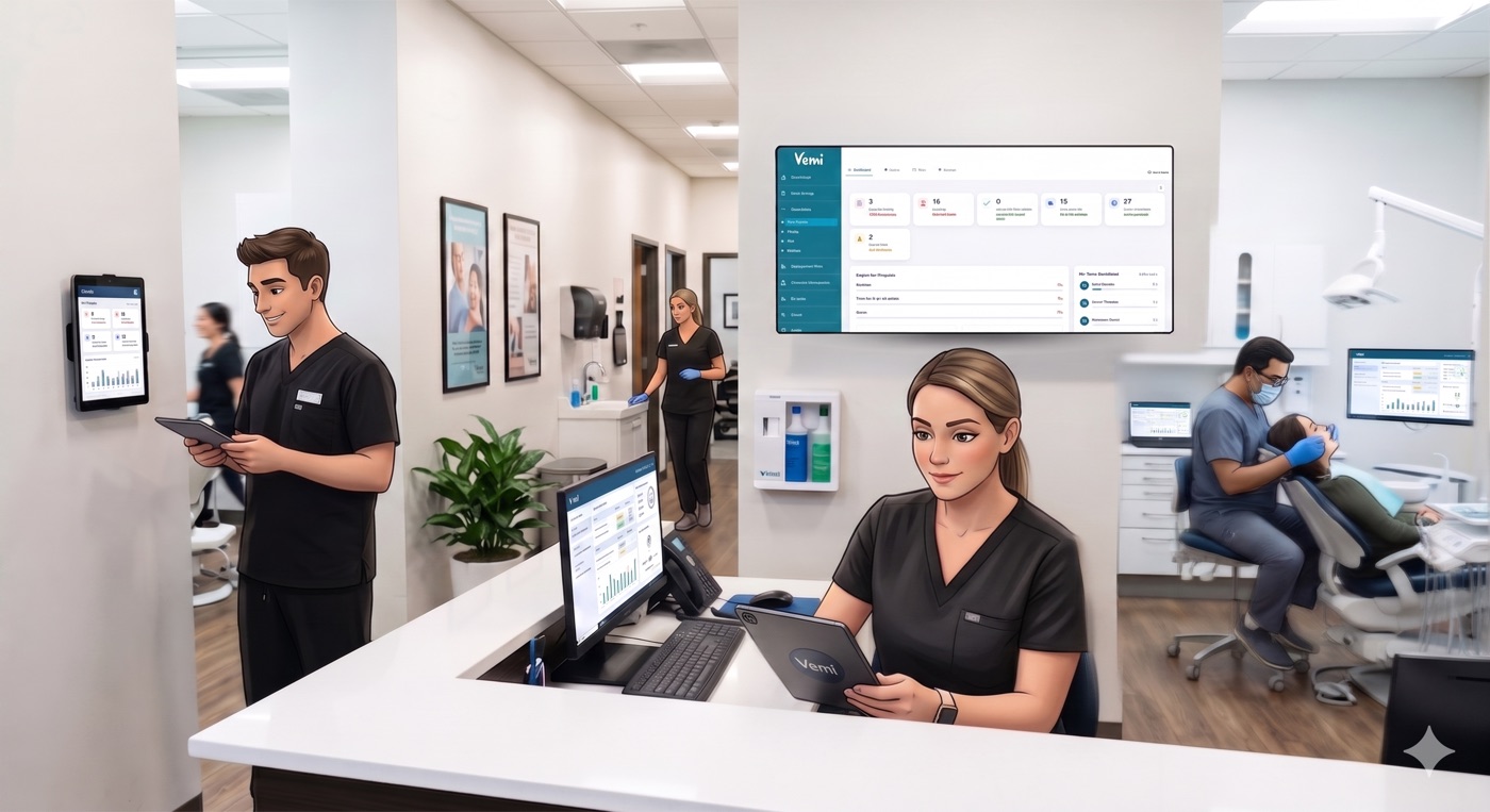 A dental practice running in sync on Vemi — front-office staff, hygienists, and clinicians all working from the same role-based dashboards and KPIs.